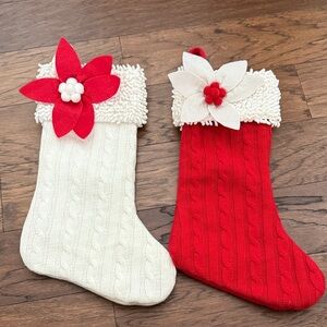 Red and White Knit Poinsettia Stocking Set